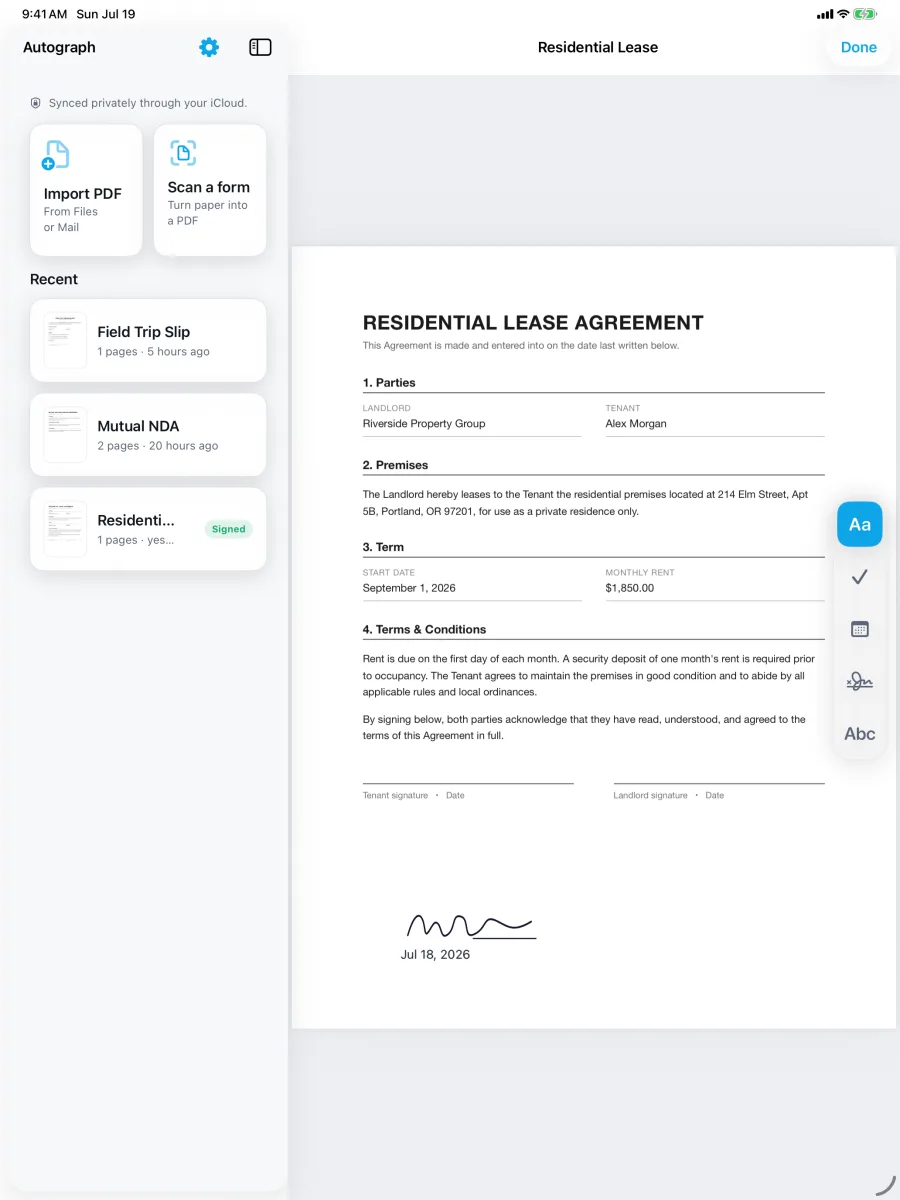 Autograph: Sign & Fill PDF — iPad — sign with Apple Pencil on a full-width page + thumbnails.