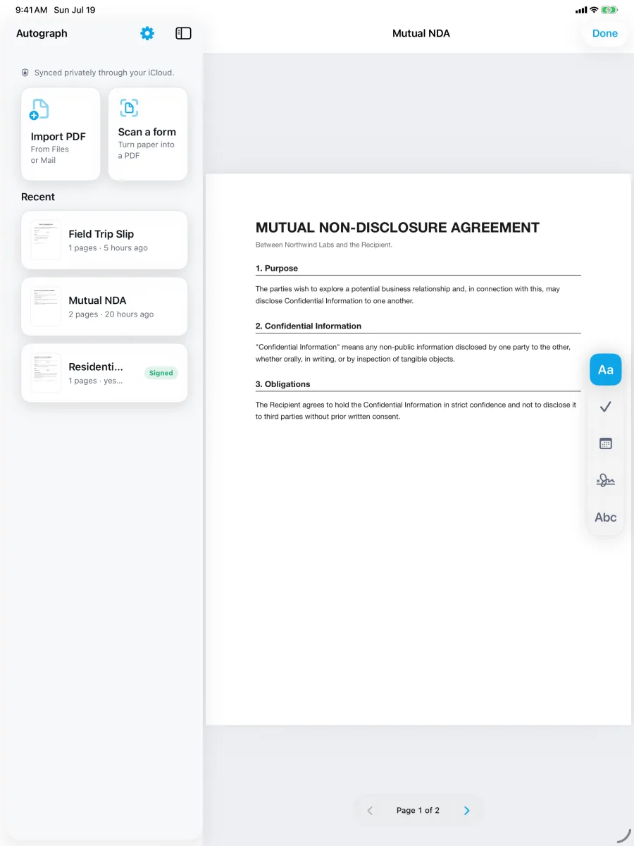 Autograph: Sign & Fill PDF — iPad — split view: browse a multi-page NDA with the page navigator.