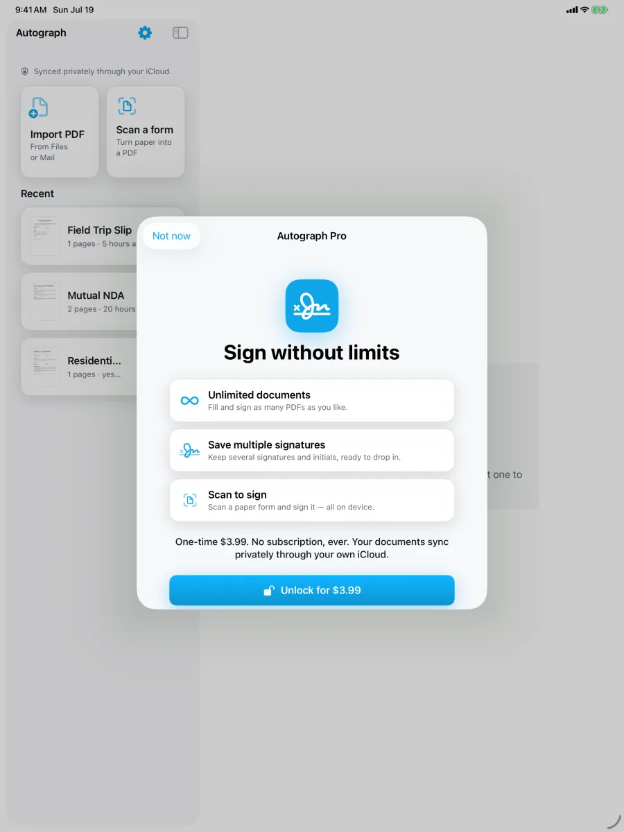 Autograph: Sign & Fill PDF — iPad — one-time $5.99, no subscription. Signs stay on your device.