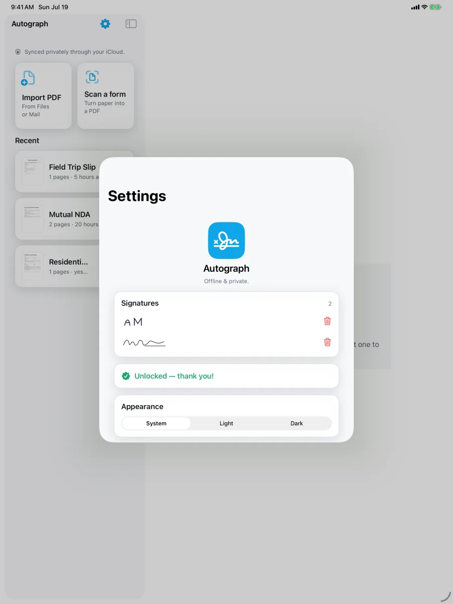 Autograph: Sign & Fill PDF — iPad — private iCloud sync, no account, no subscription.