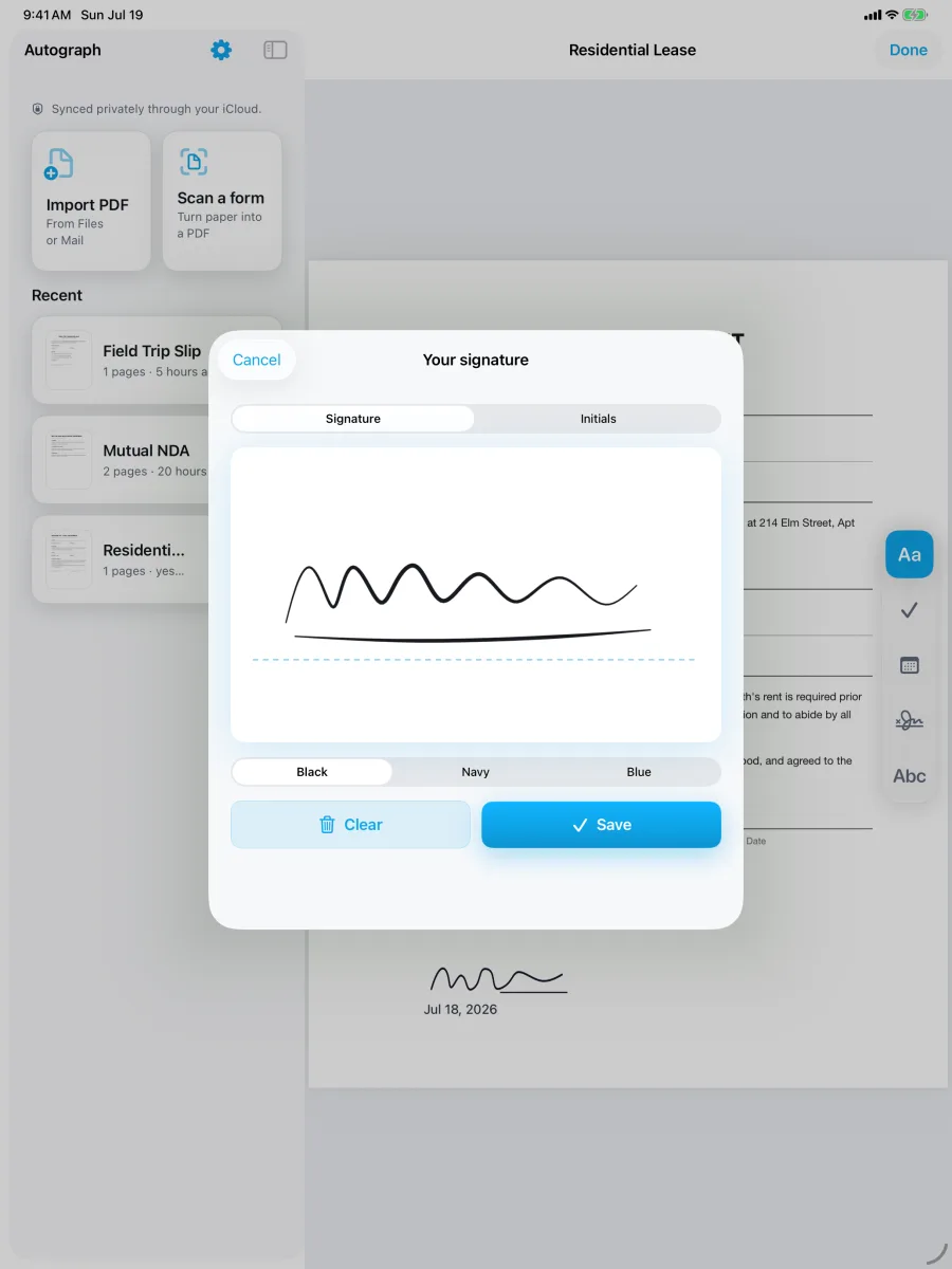 Autograph: Sign & Fill PDF — iPad — a big, natural signing canvas.