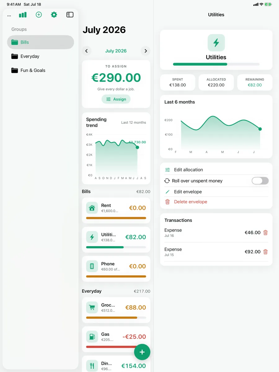 Cashley: Envelope Budget — iPad — budgeting in euros, any currency supported.