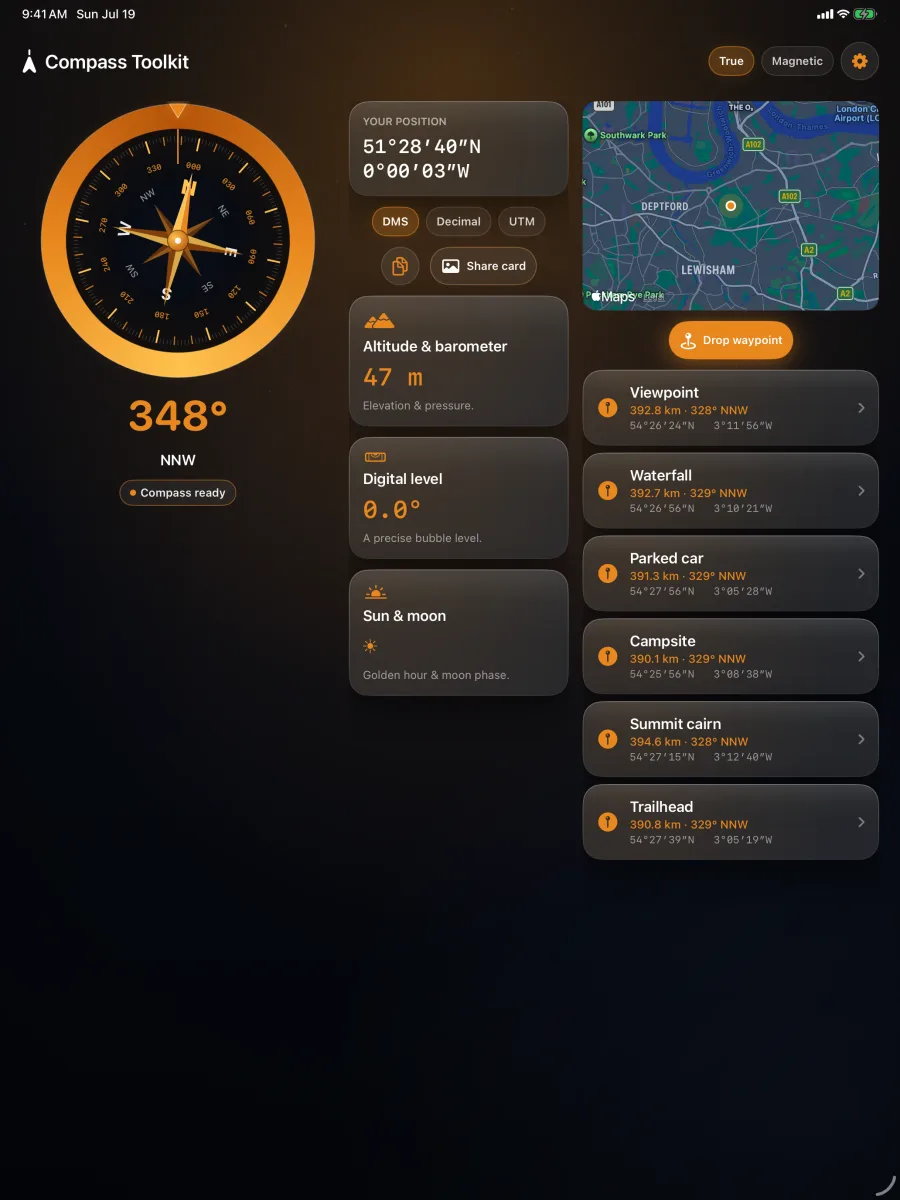 Compass Toolkit — iPad — the compass and the whole toolkit across the full width.