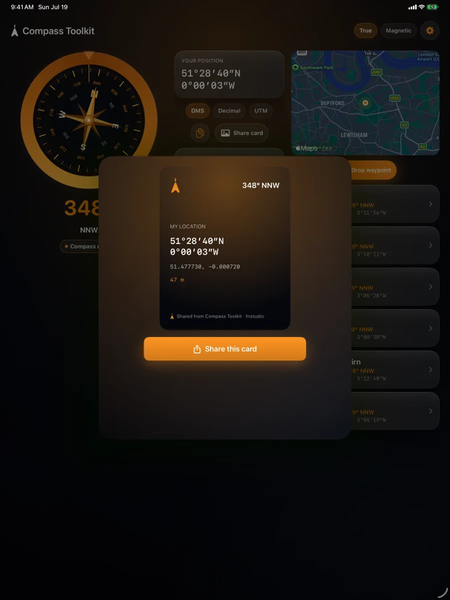 Compass Toolkit — iPad — a beautiful share-location card on the big screen.