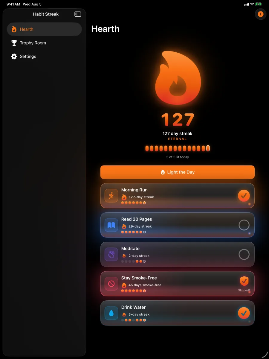 Habit Streak: Habits Tracker — iPad — today's habits and glowing flames, full width.