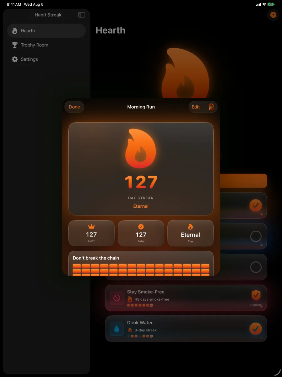 Habit Streak: Habits Tracker — iPad — a habit's streak, heatmap and milestones in detail.