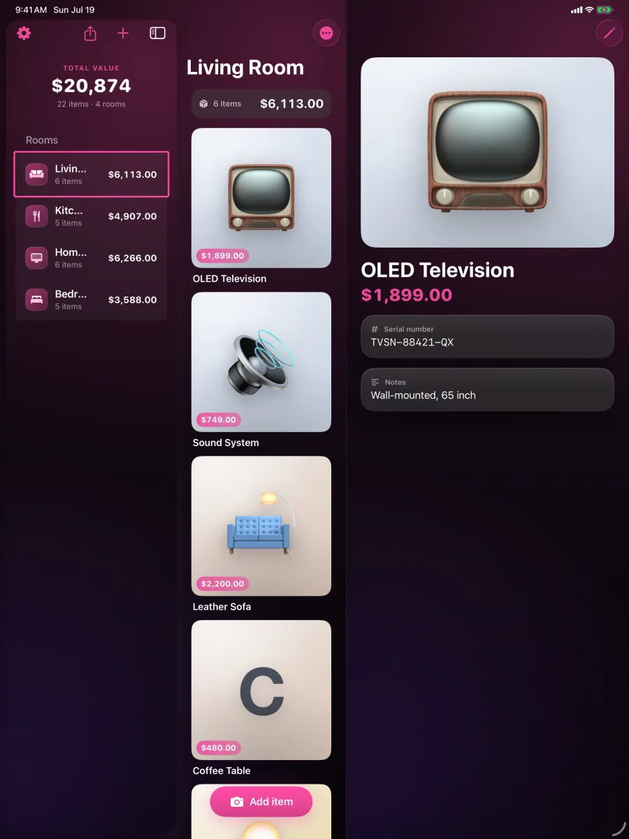 HomeVault: Inventory — iPad — filled 3-column split: rooms sidebar, room grid, item detail pane.