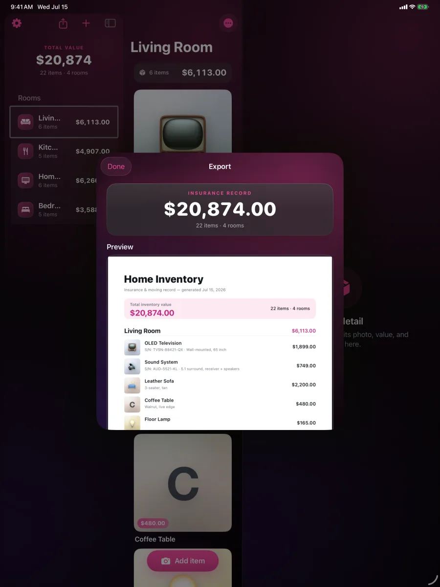 HomeVault: Inventory — Export from the iPad detail pane, beside your rooms