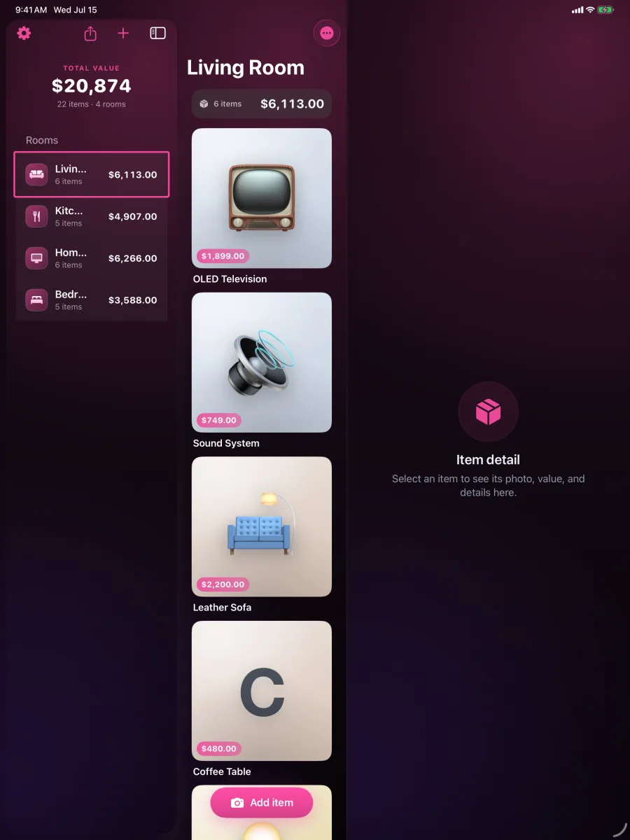 HomeVault: Inventory — Genuine 3-column iPad master-detail layout