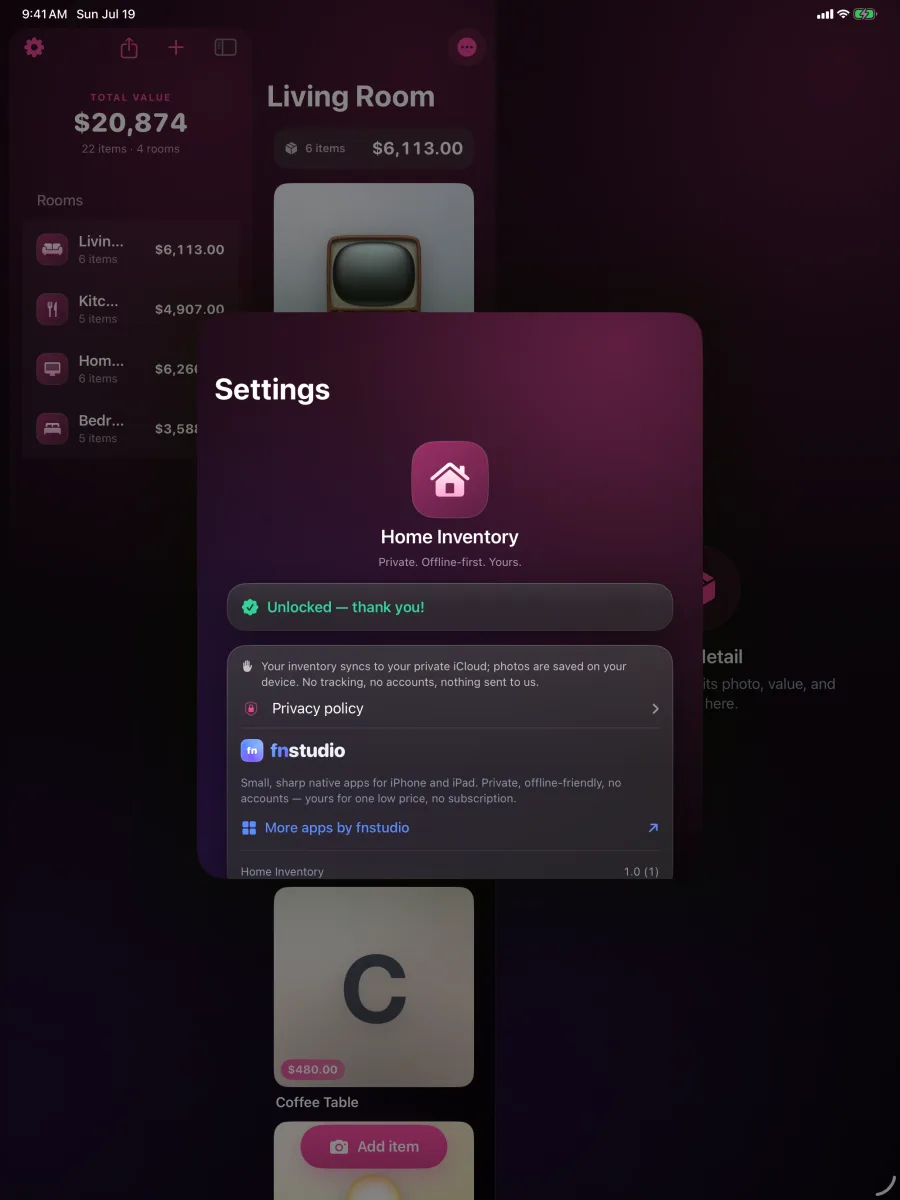 HomeVault: Inventory — iPad — unlocked, private, with the fnstudio About block.
