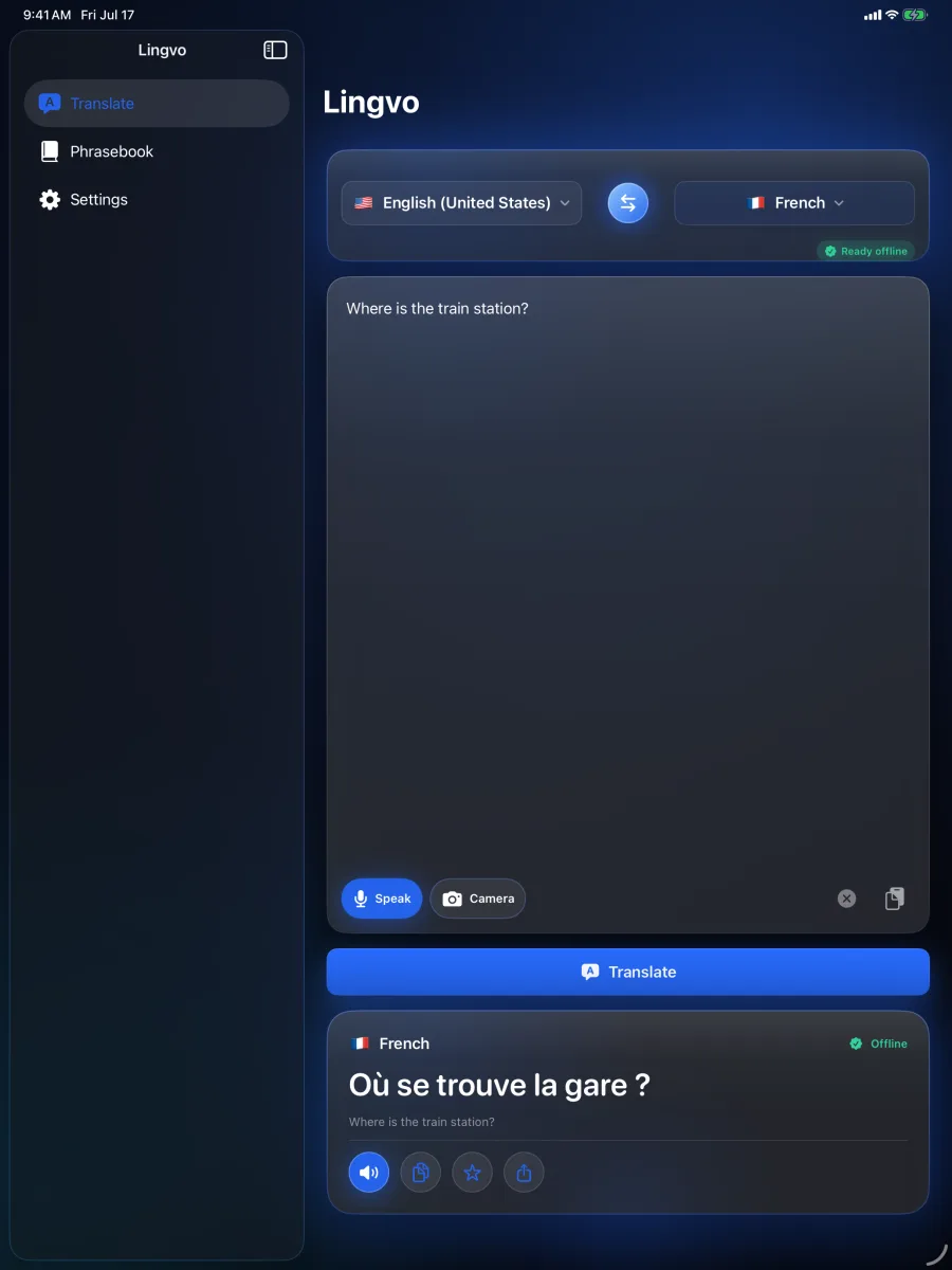 Lingvo: Offline Translator — iPad — translate text full-width across 21 languages.