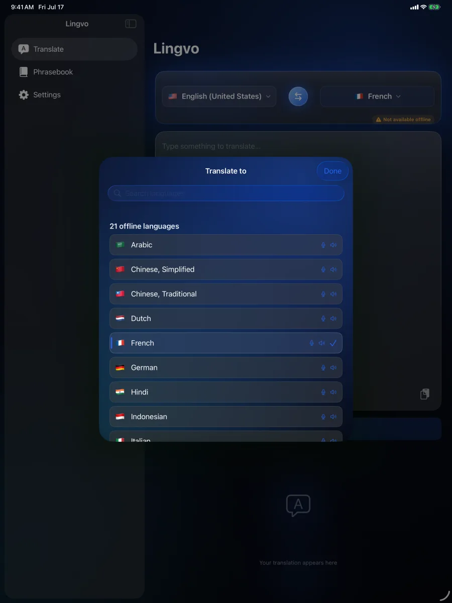 Lingvo: Offline Translator — iPad — pick any language pair from the on-device selector.