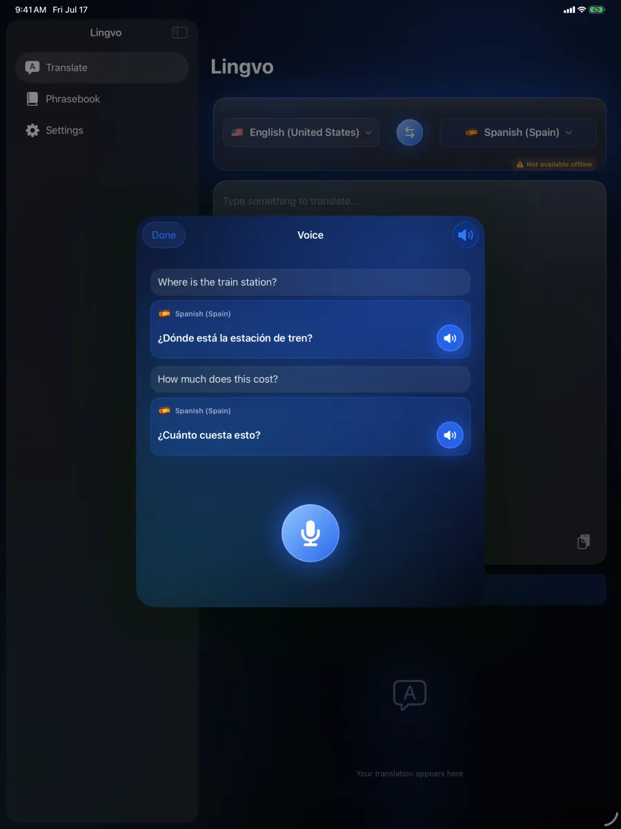 Lingvo: Offline Translator — iPad — voice translation on the big screen.