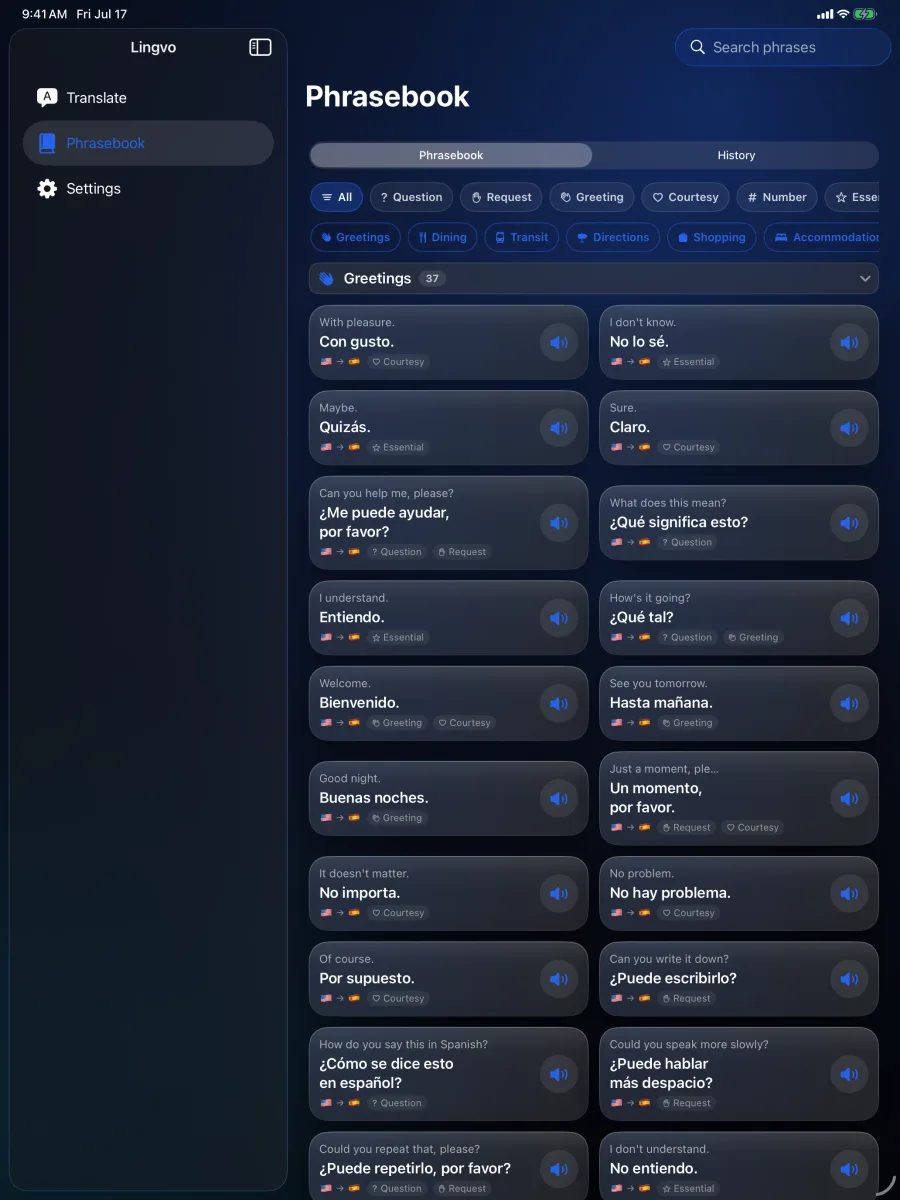 Lingvo: Offline Translator — iPad — your phrasebook and history, side by side.