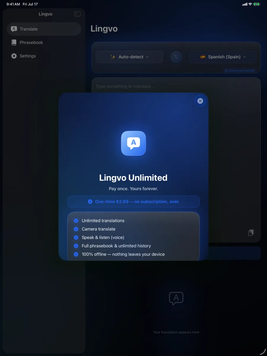 Lingvo: Offline Translator — iPad — one-time $5.99 unlock, no subscription.