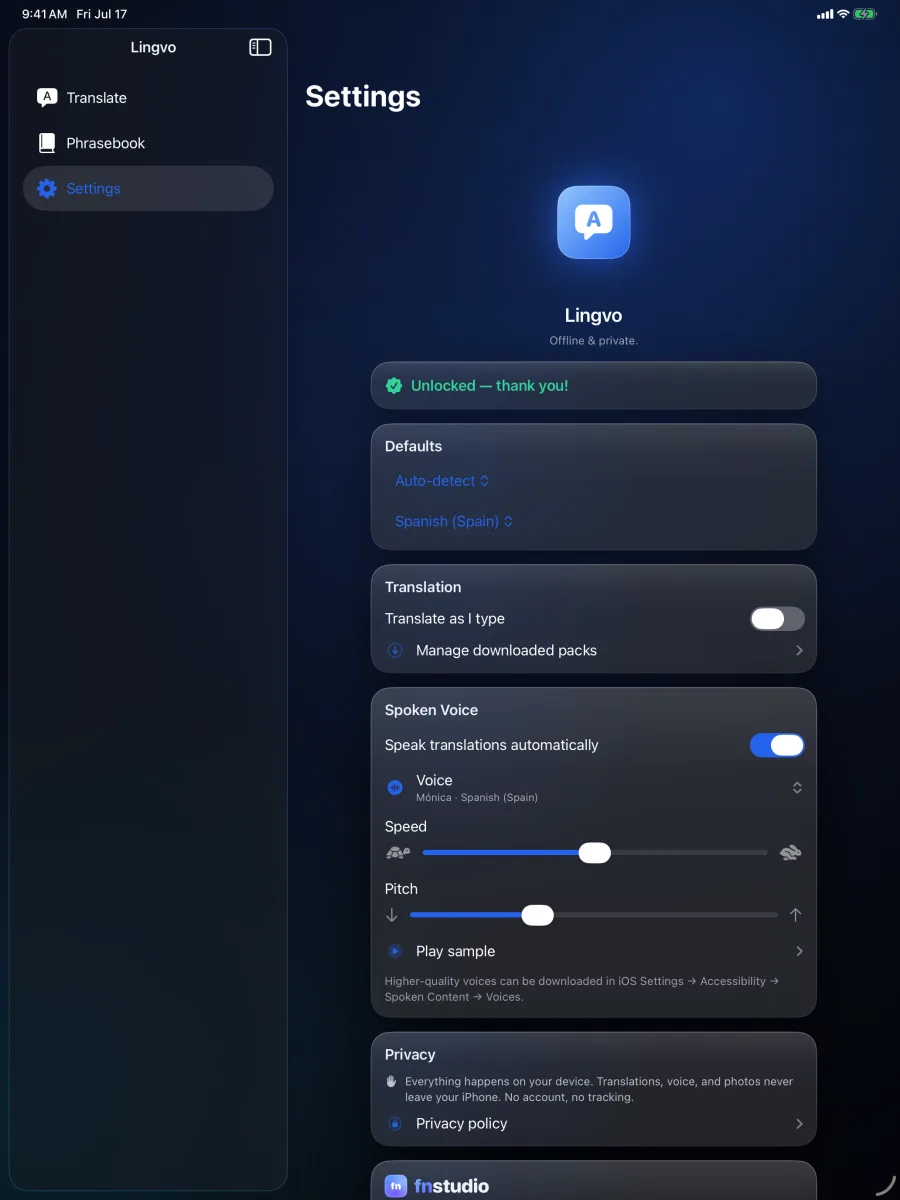 Lingvo: Offline Translator — iPad — the full Spoken Voice section: voice picker, speed and pitch sliders, auto-play and Play sample.