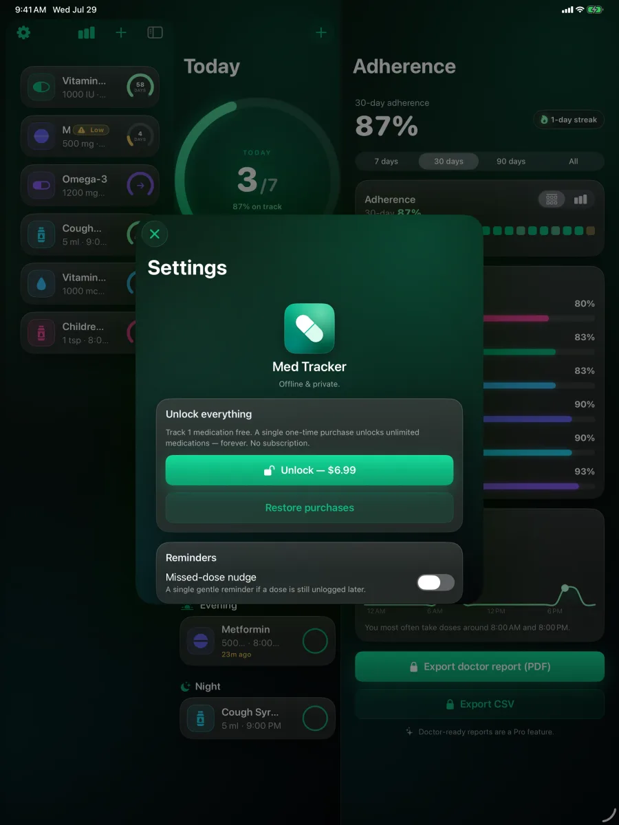 DoseLog: Medication Reminder — Private by design — missed-dose nudges, appearance, and a doctor-report export; nothing leaves your device.