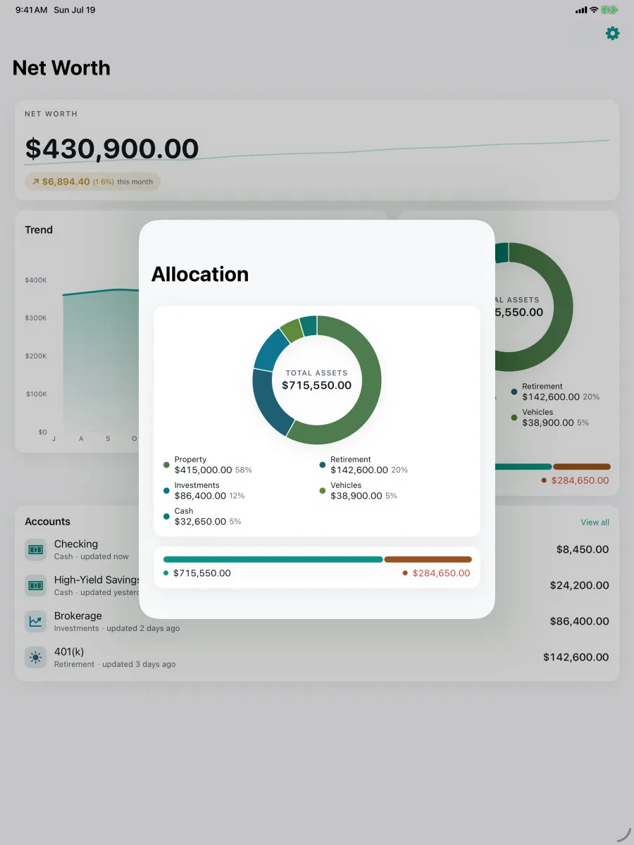 Networth: Assets & Net Worth — iPad — allocation breakdown and account list side by side.