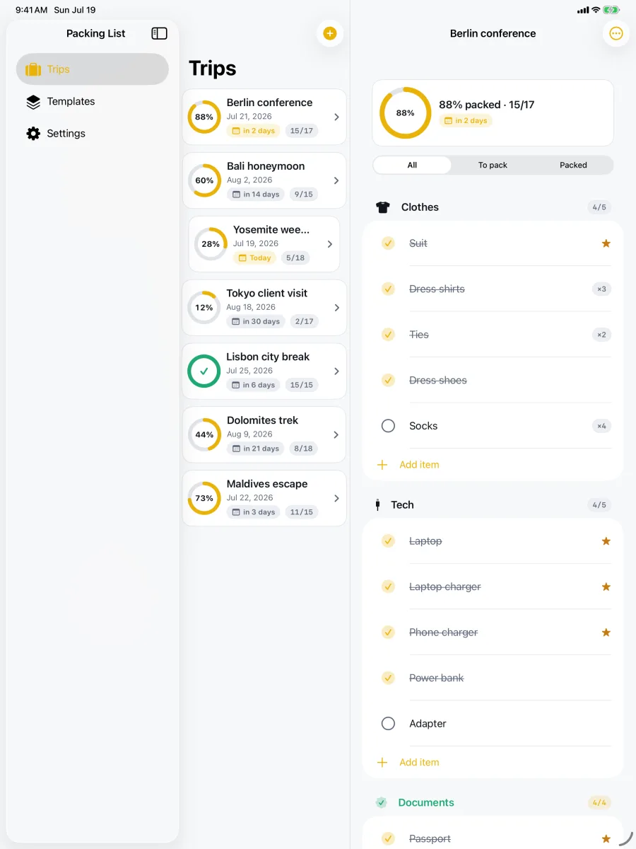 TripPack: Packing Checklist — iPad — packing
