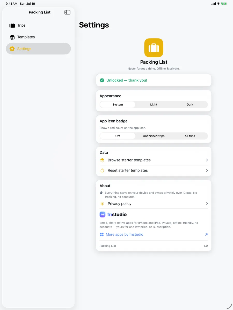 TripPack: Packing Checklist — iPad — private, offline, one-time purchase — no account needed.