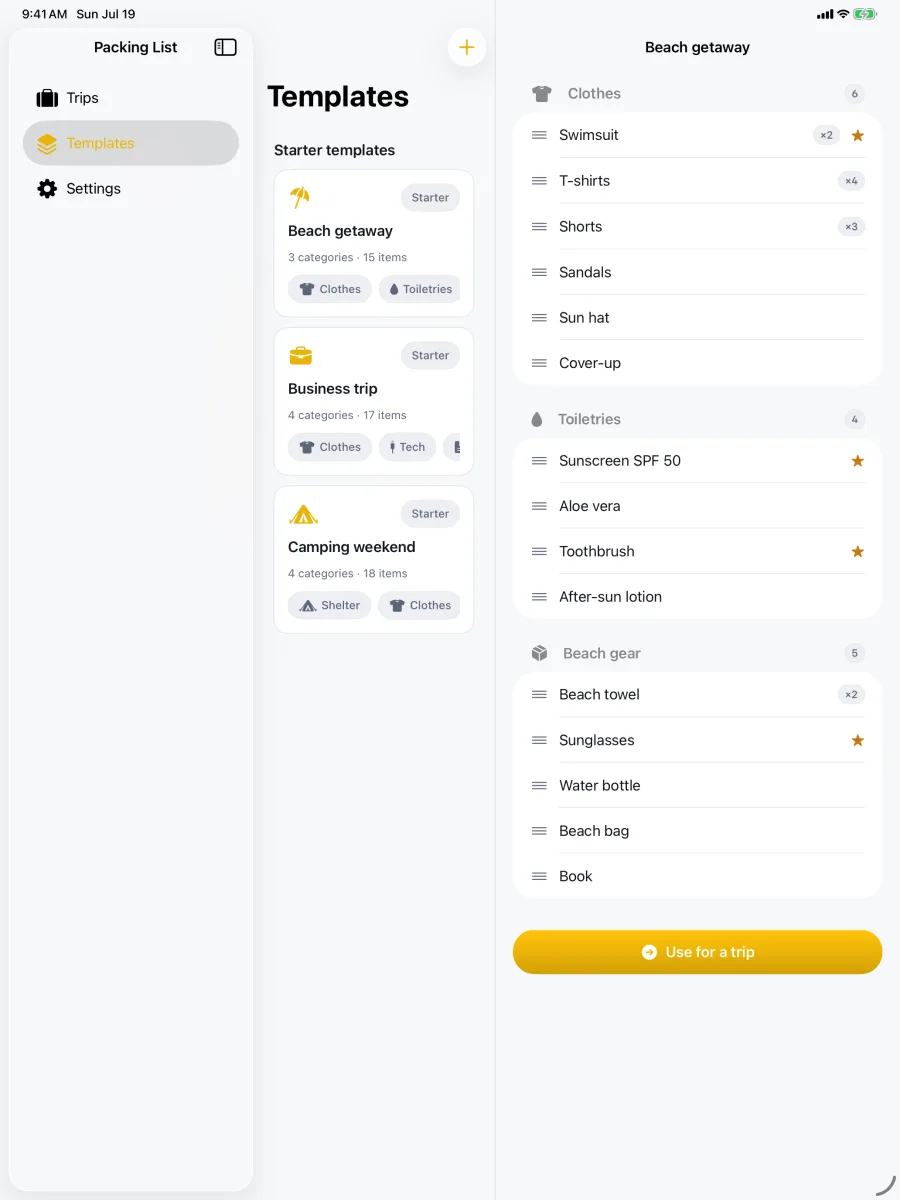 TripPack: Packing Checklist — iPad — template detail