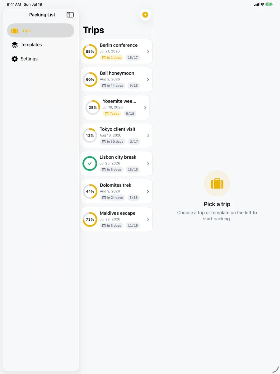 TripPack: Packing Checklist — iPad — all your trips side by side in the split view.