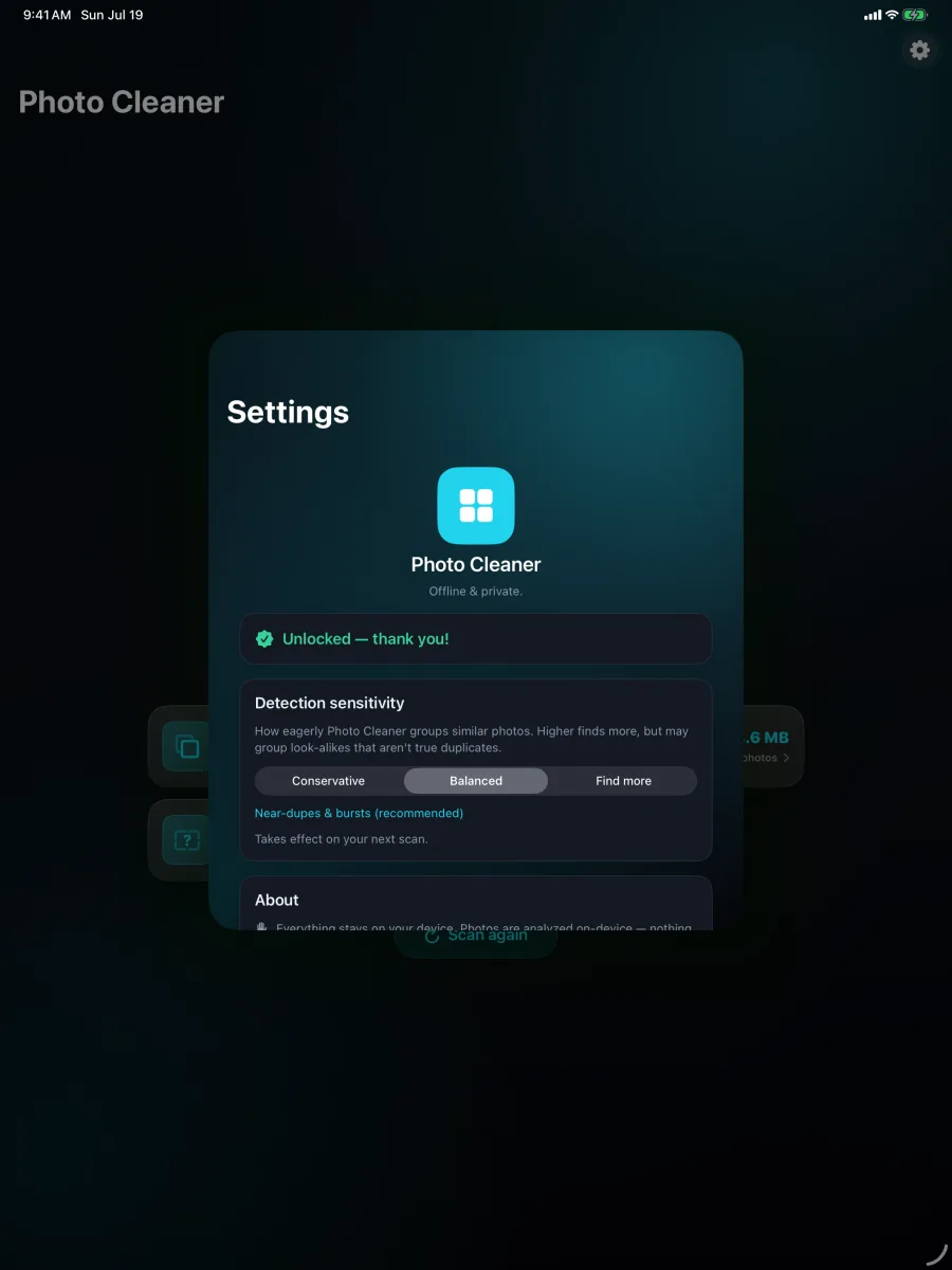 Pixweep: Photo Cleaner — iPad — offline & private settings: detection sensitivity, everything stays on your device.