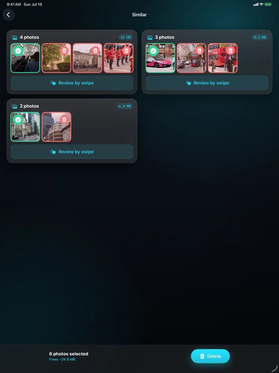 Pixweep: Photo Cleaner — iPad — similar look-alikes in a full-width multi-column review grid.