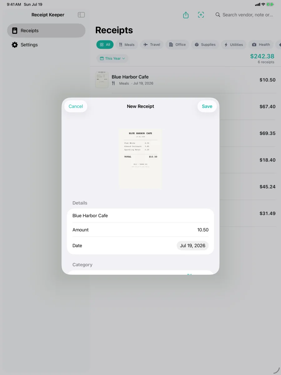Keepsy: Receipt Keeper — Capture/edit form — OCR pre-fills vendor, amount and date from a scanned receipt
