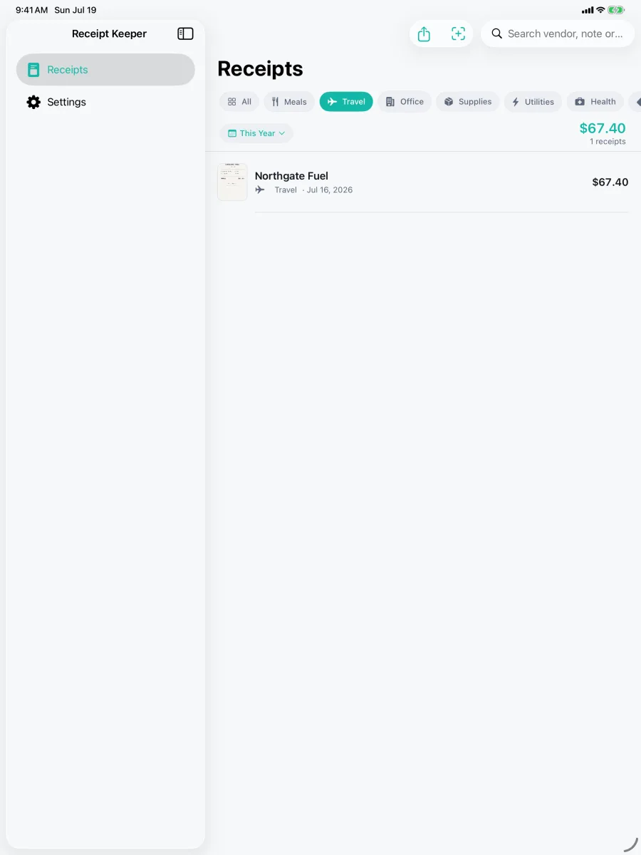 Keepsy: Receipt Keeper — Category filter bar (Meals/Travel/Office/Supplies/Utilities/Health) with the running total, Travel selected