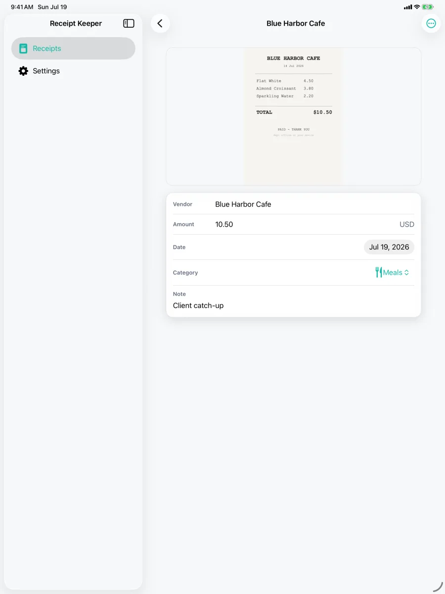 Keepsy: Receipt Keeper — Receipt detail with the OCR-read vendor, amount, date, category and note in the split-view pane