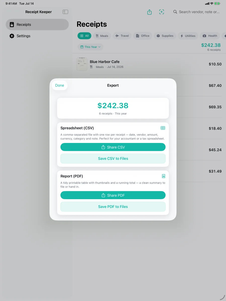 Keepsy: Receipt Keeper — Export CSV or PDF from the iPad detail pane