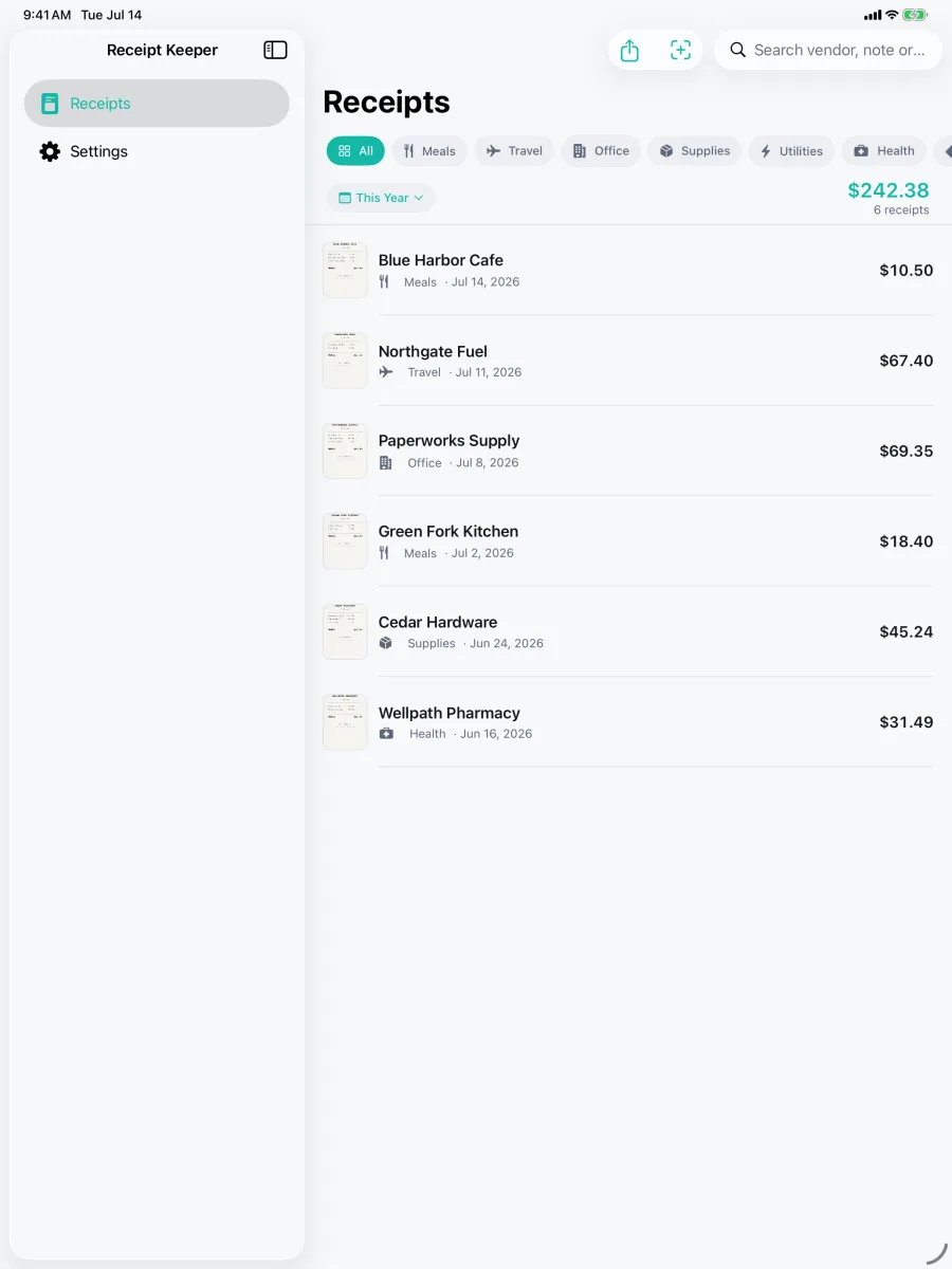 Keepsy: Receipt Keeper — Roomy split-view library on iPad