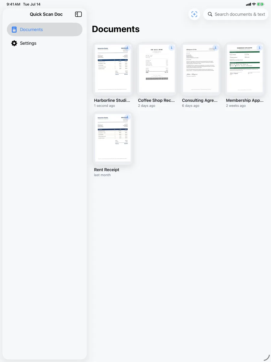 Scanly: Quick Scan Doc — Full library on iPad with a roomy split-view sidebar