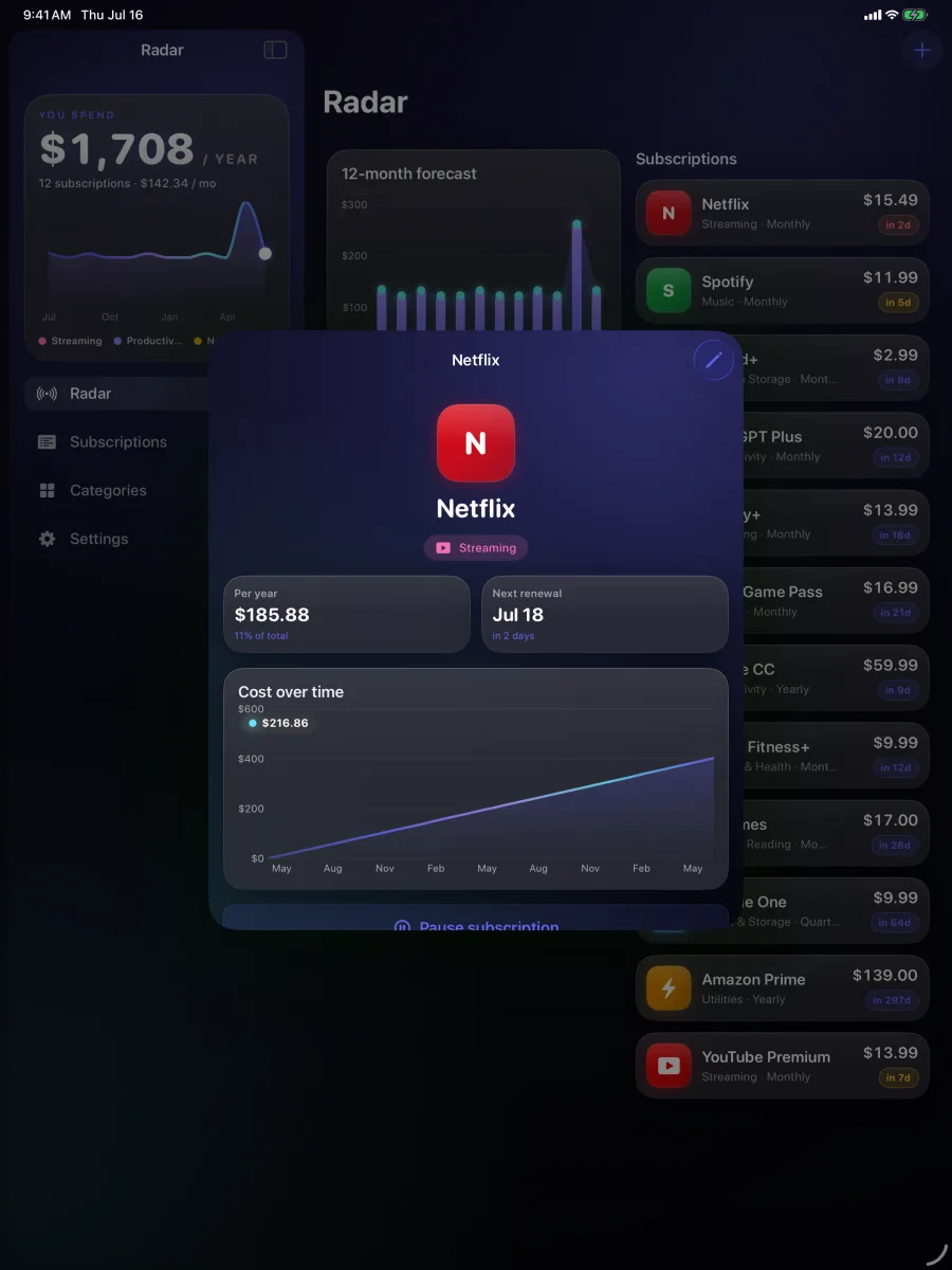 SpendRadar: Sub Tracker — Tap any service for its cost-over-time and renewal detail.