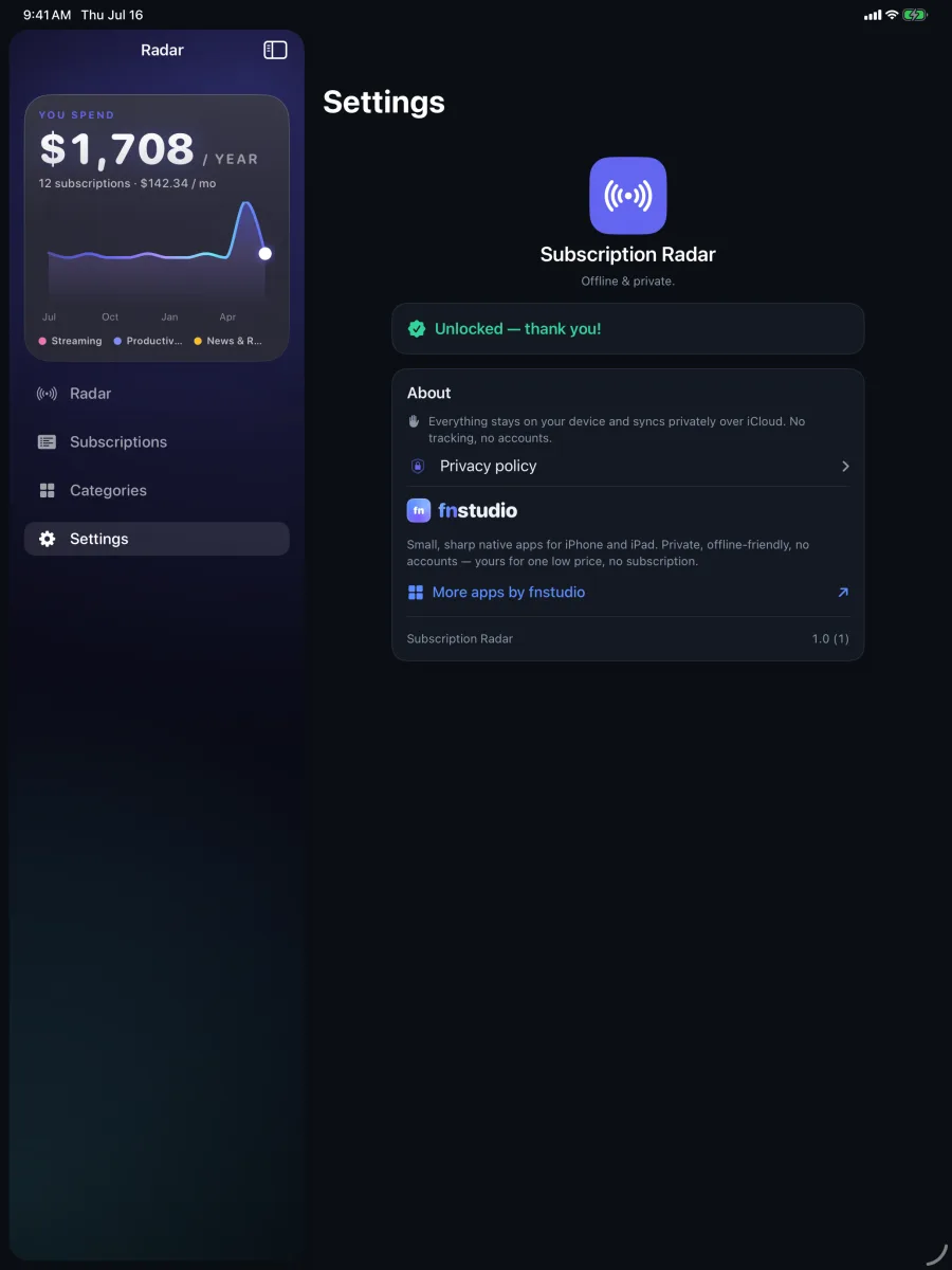 SpendRadar: Sub Tracker — Private by design — everything stays on your device, synced over iCloud.