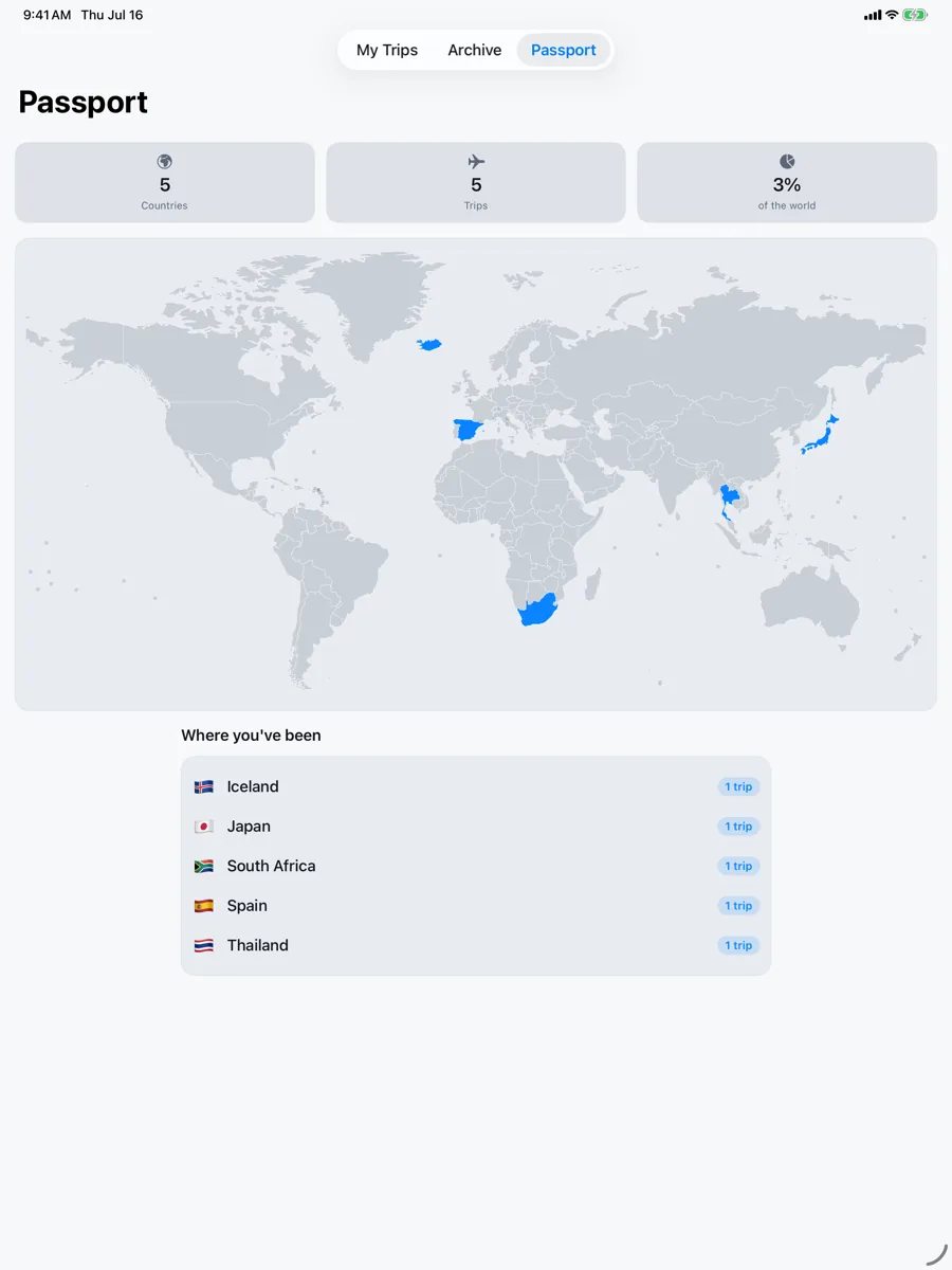 Voyager: Trip Companion — iPad — your passport world map
