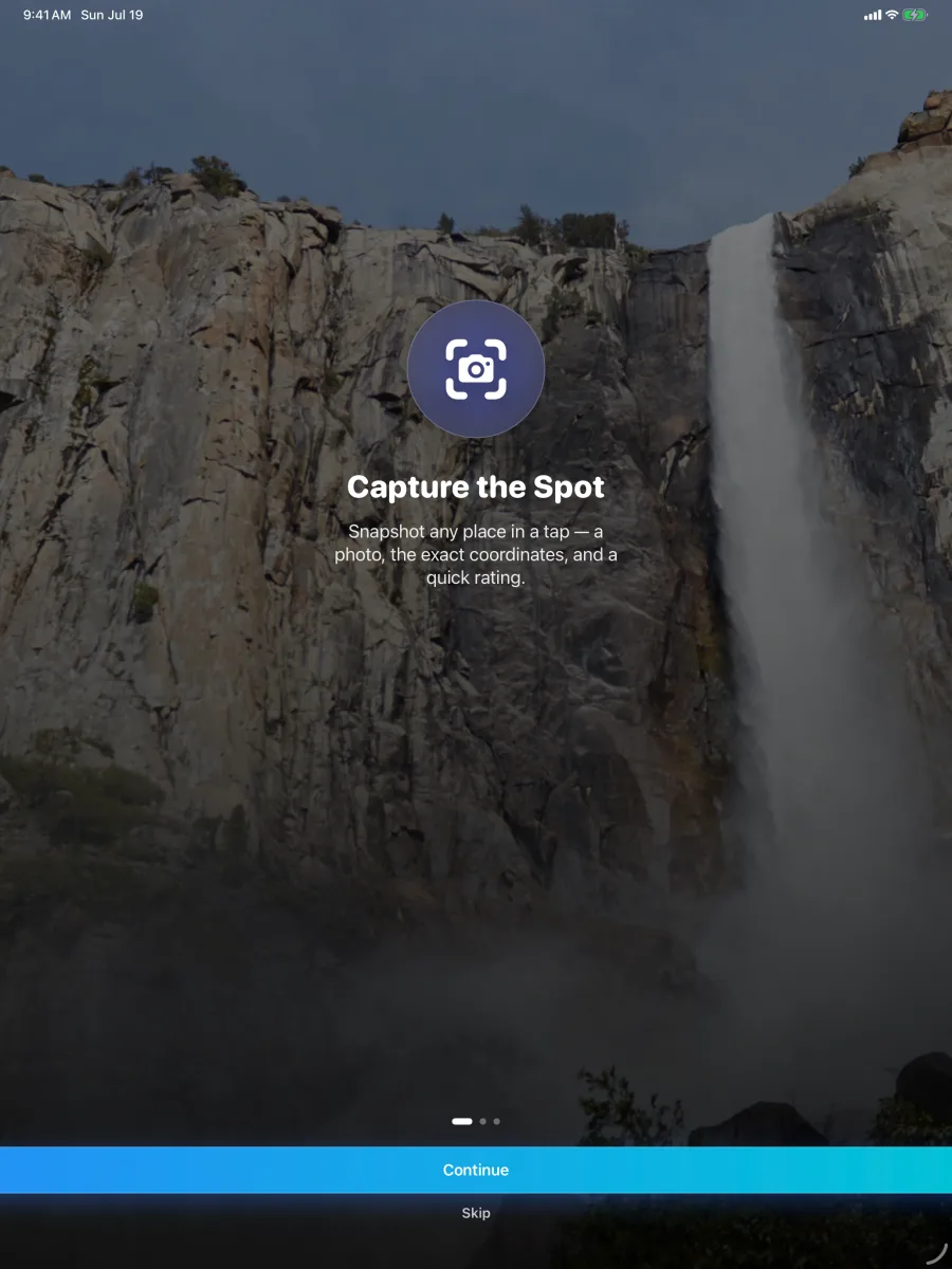 Waypoint: Location Snapshot — iPad — full-screen onboarding hero, Capture the Spot.
