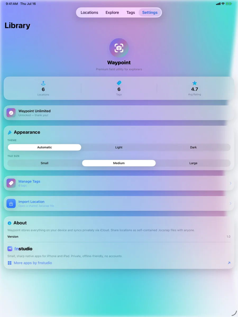 Waypoint: Location Snapshot — iPad — private by design