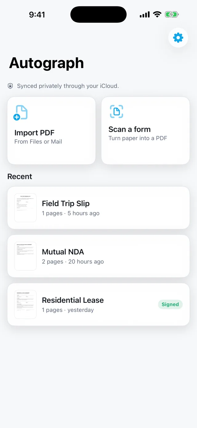 Autograph: Sign & Fill PDF — Your documents in one place — import a PDF or scan a paper form.