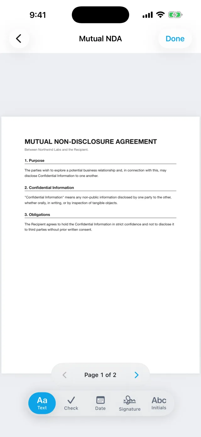 Autograph: Sign & Fill PDF — Multi-page documents — page through an NDA and sign the right page.
