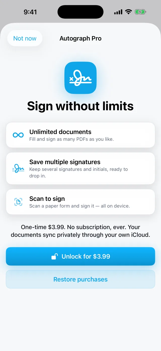 Autograph: Sign & Fill PDF — One-time $5.99 — no subscription, ever.
