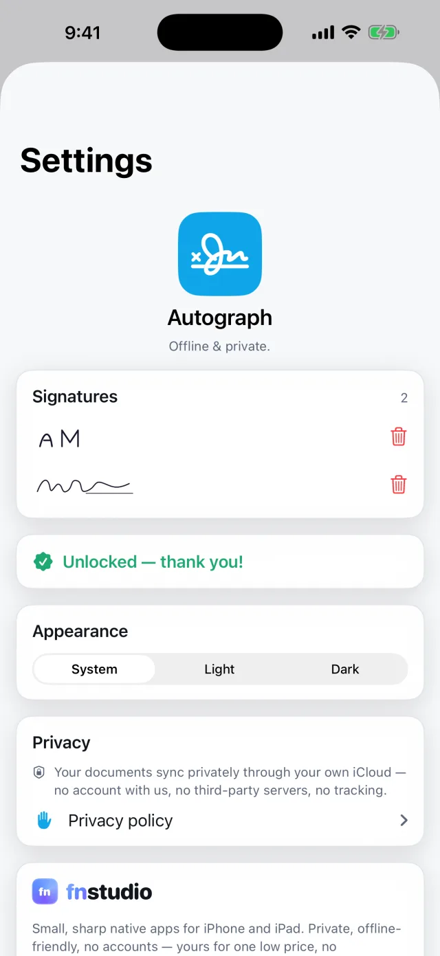 Autograph: Sign & Fill PDF — Private by design — synced through your own iCloud, no account.