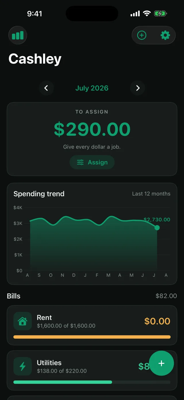 Cashley: Envelope Budget — The same budget in dark mode — it follows your system appearance.