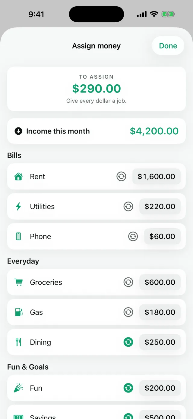 Cashley: Envelope Budget — Assign income across envelopes until the budget is zero-based.