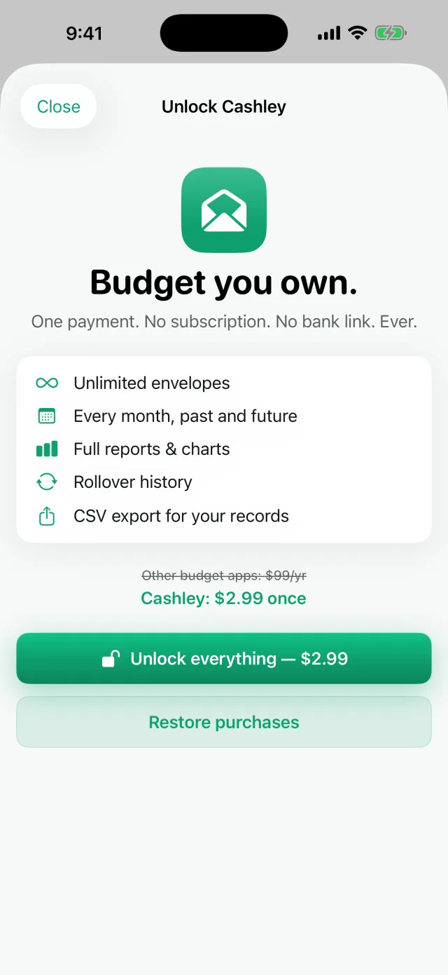 Cashley: Envelope Budget — One-time $6.99 unlock — no subscription, no bank link.