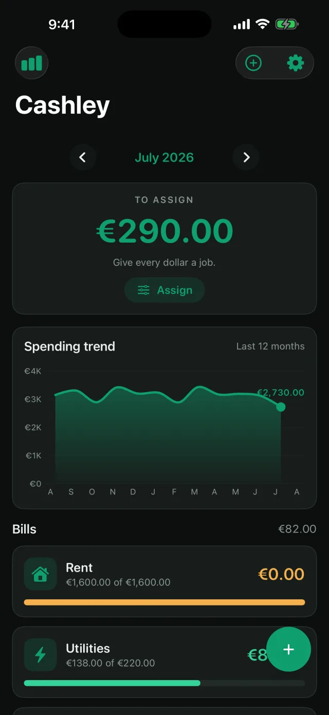 Cashley: Envelope Budget — Multi-currency in dark mode — euros, two decimals, correct symbol.