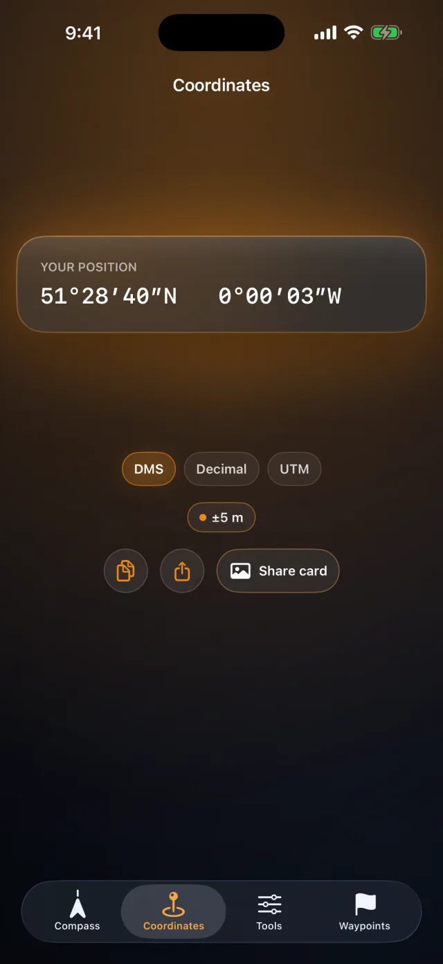 Compass Toolkit — Precise GPS coordinates in DMS, decimal or UTM — copy and share.