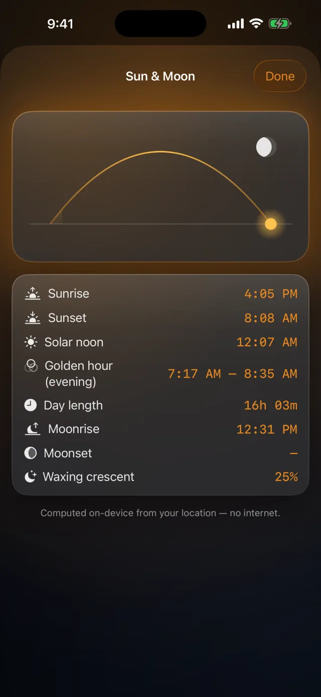 Compass Toolkit — Sun and moon rise-set times with golden-hour windows.