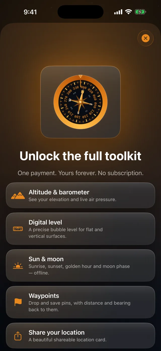 Compass Toolkit — One-time $4.99 unlock — altitude, level, sun & moon, waypoints, share.